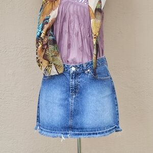 Paris Blues Denim Mini Skirt W/ A Raw Hem Medium Fade Wash